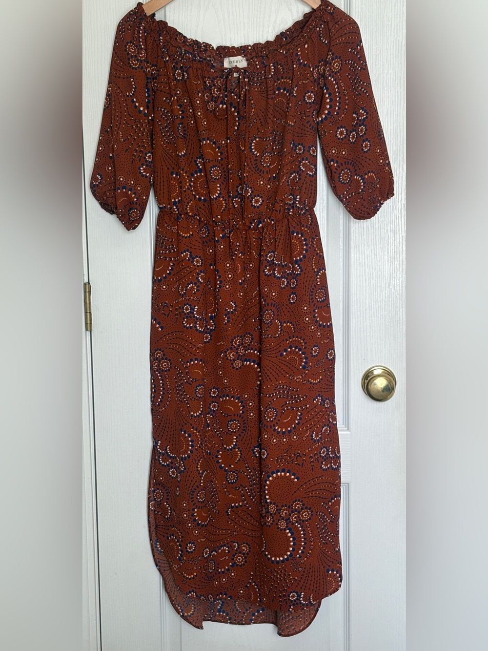 Everly Boho Rust Orange Paisley Off-The-Shoulder Midi Dress Size S